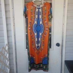 Karan Women's Dress L Orange Long Elegant African Print 18" Chest X 50" Length